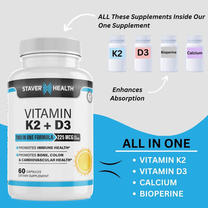 Staver Health Vitamin K2 and D3 with Calcium and Bioperine