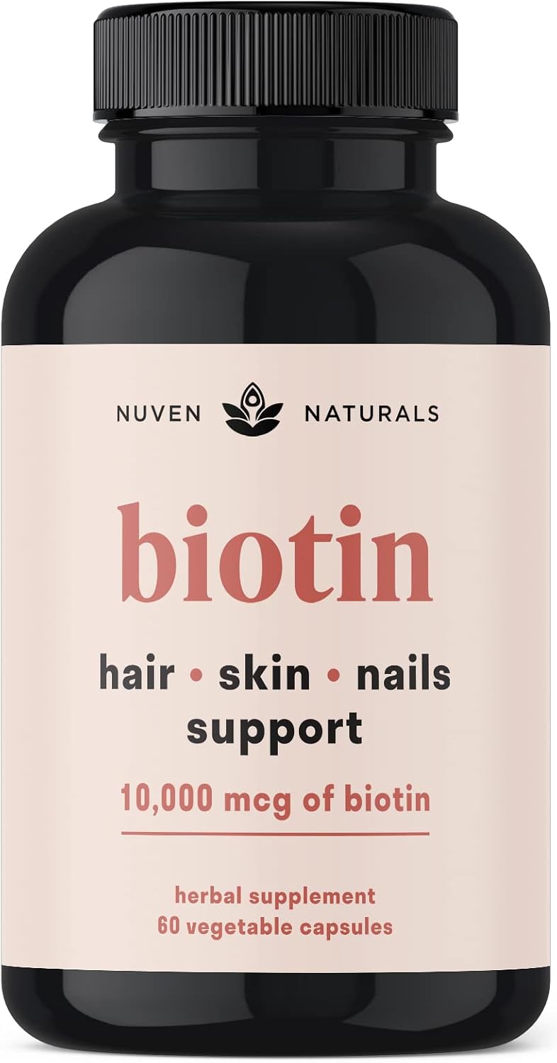 Nuven Naturals Hair Supplements - Biotin 10,000 µg with Vitamin A, E, C, D & Adaptogens - 60 Capsules - görsel 1