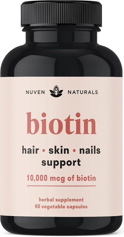 Nuven Naturals Hair Supplements - Biotin 10,000 µg with Vitamin A, E, C, D & Adaptogens - 60 Capsules