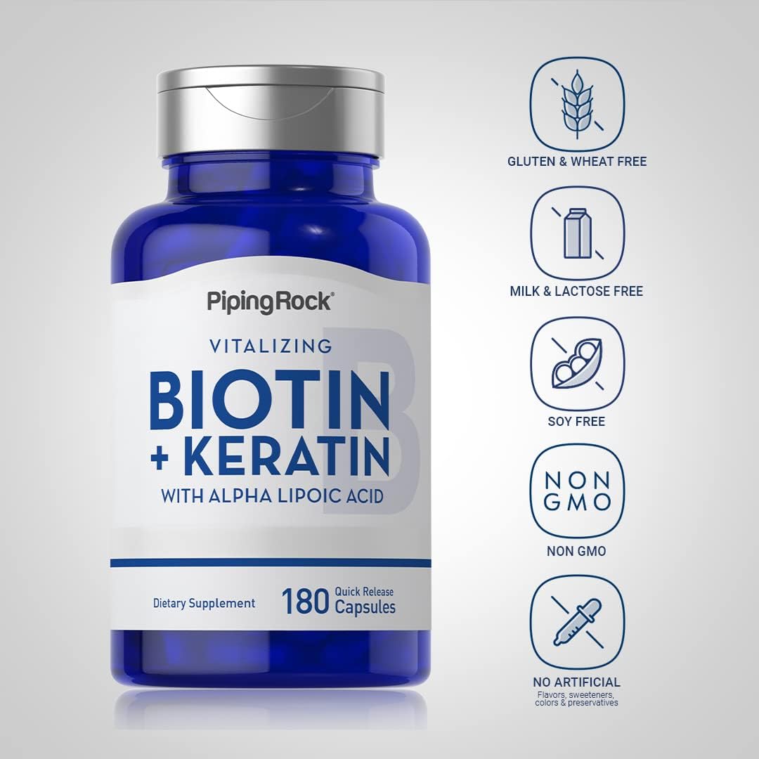 Piping Rock Biotin 5000mcg with Keratin and Alpha Lipoic Acid – 180 Capsules - görsel 3