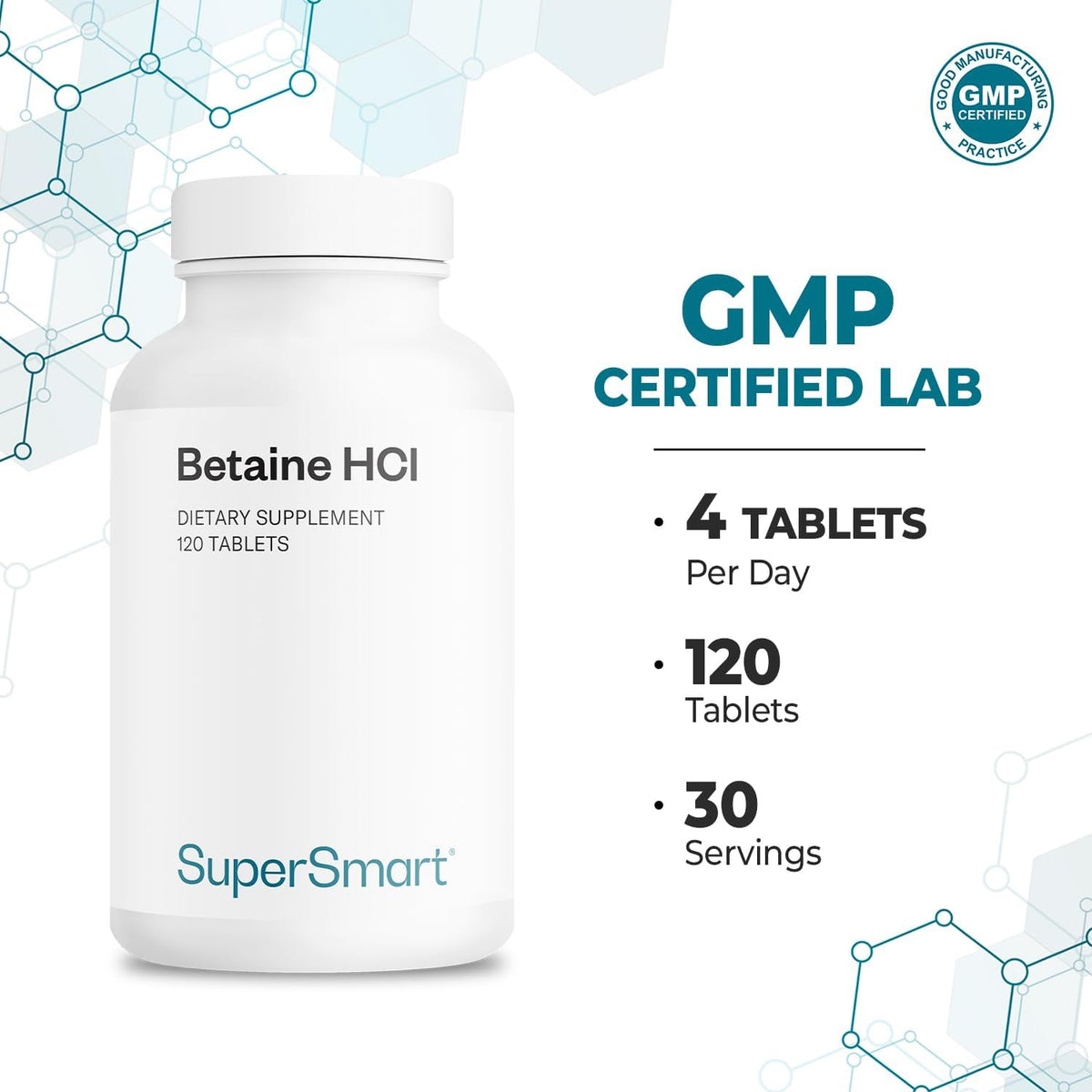 Supersmart Betaine HCl 2600 mg – Hydrochloric Acid Formula for Healthy Digestion, Non-GMO & Gluten-free – 120 Tablets - görsel 5