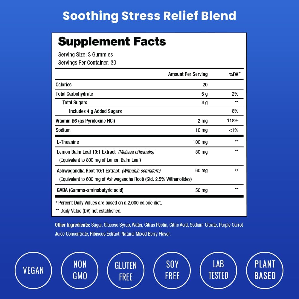 NutraChamps Calm Gummies, Stress Gummies Food Supplement with Ashwagandha, L-Theanine, GABA, Vitamin B6 & Lemon Balm, Supports Mood, Focus & Stress Relief, Natural Berry Flavour, 90 Gummies - görsel 5