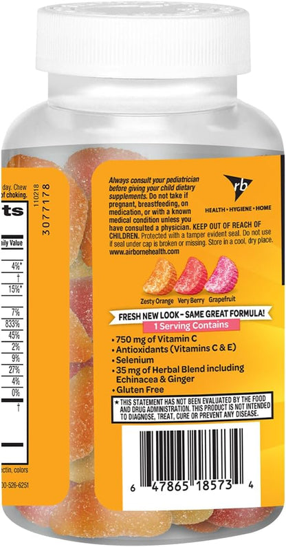 Airborne 750mg Vitamin C Immune Support Gummies for Adults, Assorted Fruit Flavour, Gluten-Free (42 Count, 2-Pack)