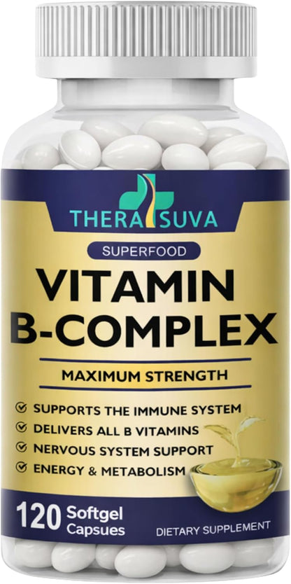 TheraSuva Vitamin B-Complex + CoQ10 + Vitamin C – Max Strength Food Supplement for Energy & Metabolism Support, 2 Month Supply, 120 Softgels