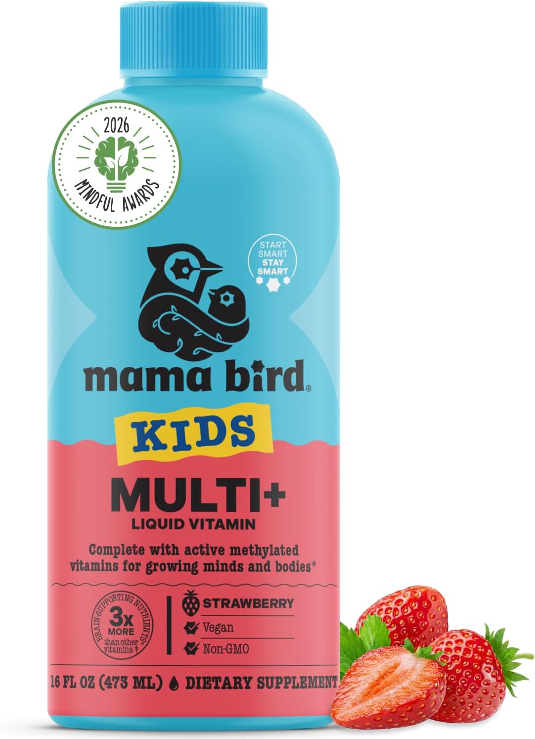 Mama Bird - Award-Winning Children's Multi+ Liquid Vitamins (31 Servings) Strawberry - Active Methylated Vitamins, Children's Multivitamin - Organic Superfoods, Enzymes - Vegan, Gluten-free, Non GMO - 465 ml - görsel 1
