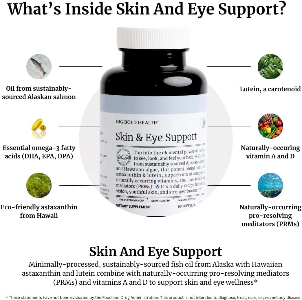 BIG BOLD HEALTH Skin & Eye Support - Omega-3 Complex with Alaskan Salmon Oil, DHA, Astaxanthin & Lutein for Healthy Eyes & Skin - 60 Softgels - görsel 2