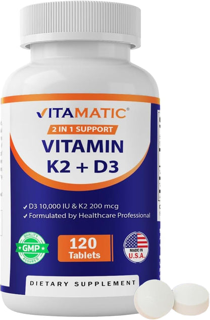 Vitamatic Vitamin D3 K2 Supplements with 10,000 IU Vitamin D + 200mcg Vitamin K MK-7, 120 Tablets Bone, Heart, Immune, & Calcium Support