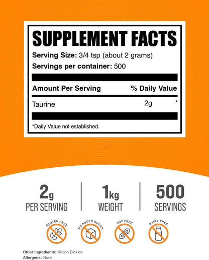 BulkSupplements.com Taurine Powder - Taurine Supplement, Amino Acid Supplement for Energy - Unflavored & Gluten-free, 2g per Serving, 1kg (2.2 lbs) (Pack of 1)