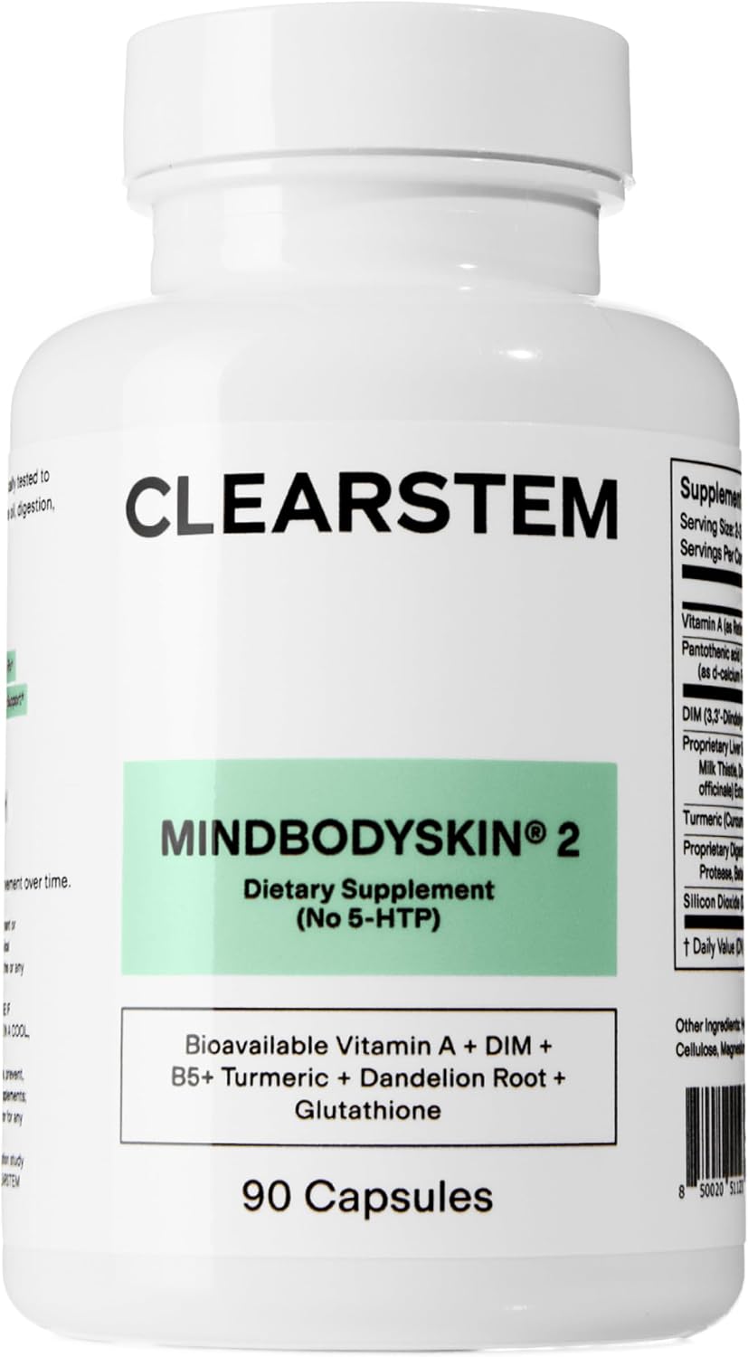 CLEARSTEM - MINDBODYSKIN Hormonal Acne Supplement (No 5-HTP) - Natural DIM Supplement - Skin care Vitamins - Hormone Balance, Antioxidants - Gluten-Free, Cruelty-Free - 30 Servings, 90 Capsules - görsel 1