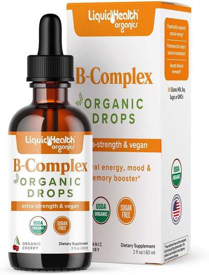 LIQUIDHEALTH USDA Organic Vitamin B Complex Drops for Men and Women - Natural Energy, Improved Focus, Memory and Mood, Immune Support, Metabolism Boost - Made in USA, Extra Strength, No Sugar, Vegan (Pack of 2)