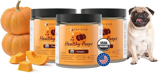 kin+kind Healthy Poops – USDA Organic Pumpkin Powder for Dogs and Cats – Prebiotic Fibre Supplement – Large 3-Pack (3 x 227 g)