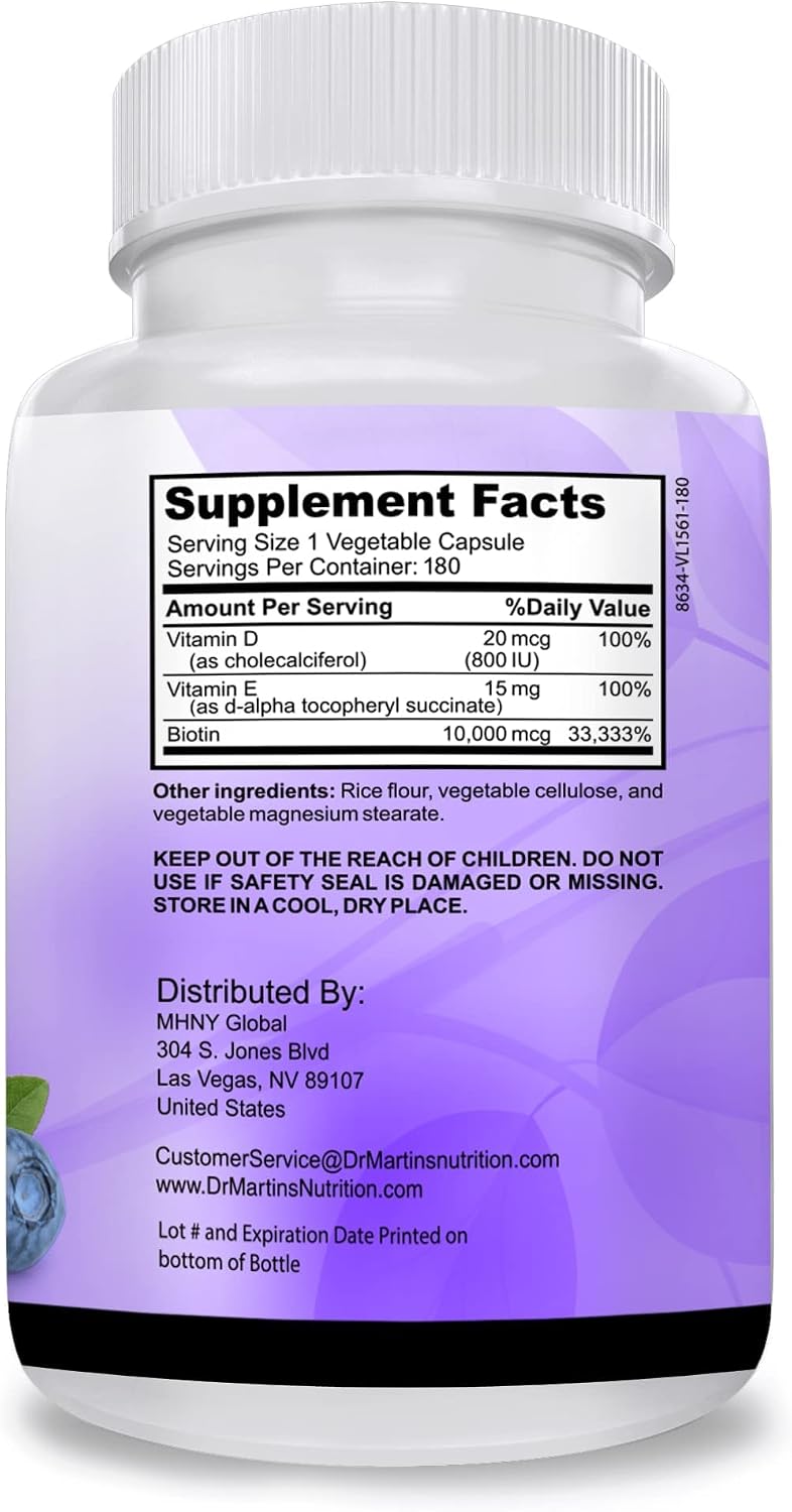 DR. MARTIN'S NUTRITION Biotin 10,000 mcg with Vitamins D3 & E – 180 Capsules - görsel 9