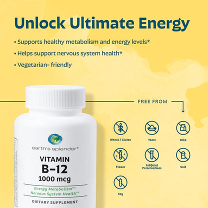Earth's Splendor Energy and Muscle Support: Vitamin B12 (1000mcg) and Magnesium (500mg) Supplement