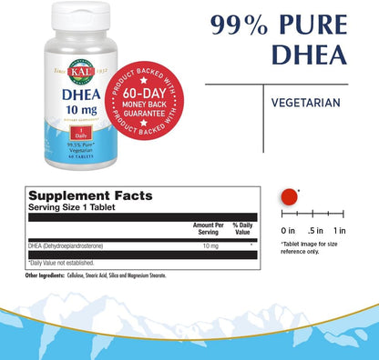 KAL DHEA-10 Tablets - 10mg DHEA Supplement for Hormone Support - 60 Tablets