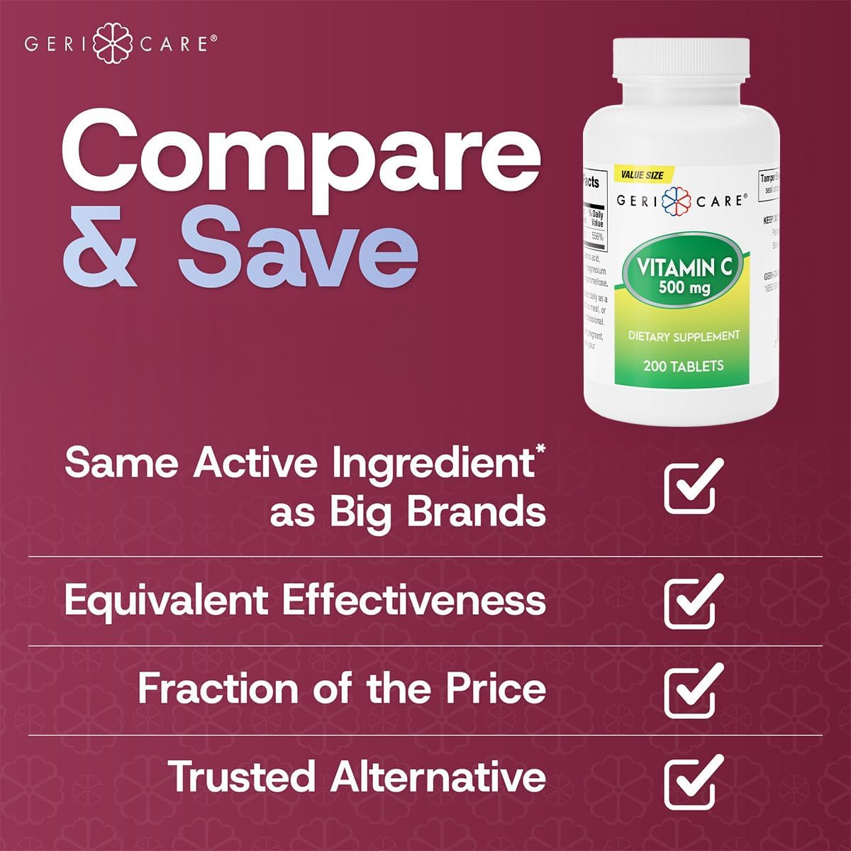 GeriCare Vitamin C 500 mg Tablets – Antioxidant & Immune Support, 200 Tablets - görsel 2