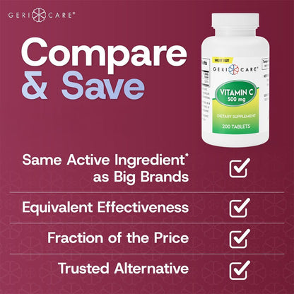 GeriCare Vitamin C 500 mg Tablets – Antioxidant & Immune Support, 200 Tablets