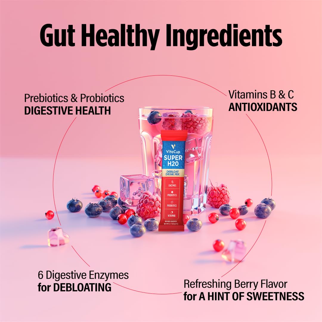 VitaCup Super H2O Bloating Relief and Digestive Health Drink Mix, Mixed Berry, 32 Packets – Image 4