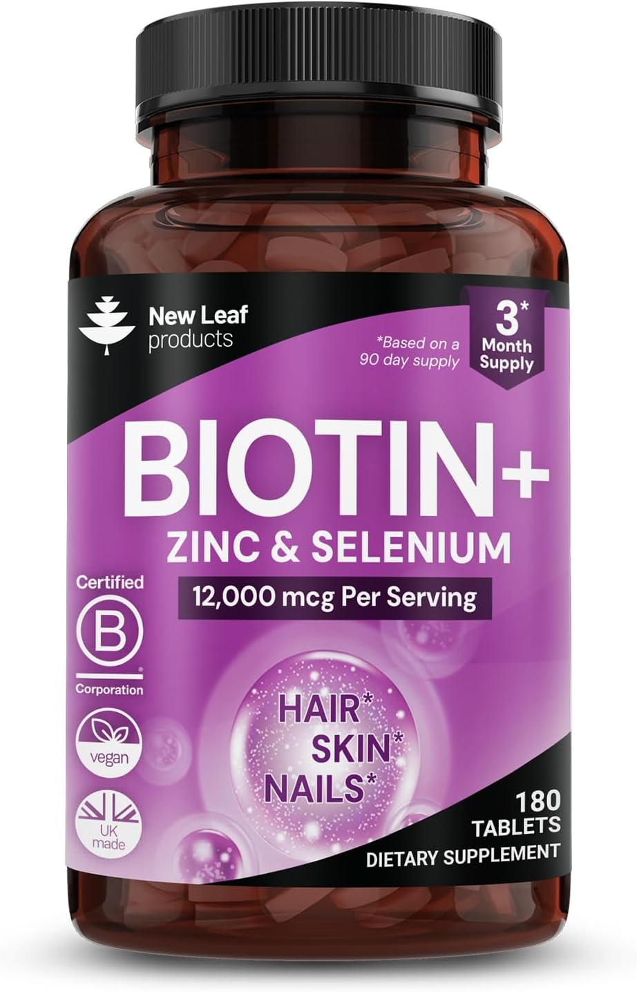 Biotin Hair, Skin and Nails Vitamins 12000mcg High Strength – Supports Normal Hair, Skin & Nails – Vegan, 180 Tablets (3 Month Supply) – Made in UK by New Leaf - görsel 1