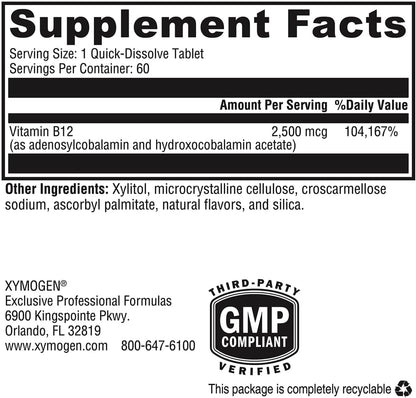 XYMOGEN Adeno+Hydroxo B12 - 2,500 mcg Non-Methylated Vitamin B12 - Fast-Dissolve Tablets - Fruit Punch - 60 Tablets