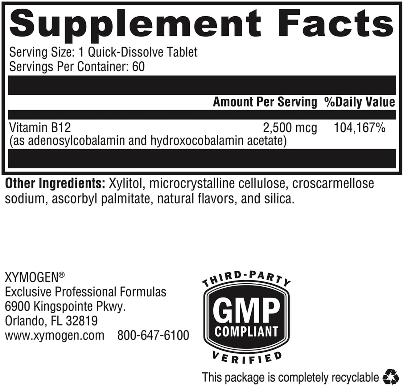 XYMOGEN Adeno+Hydroxo B12 - 2,500 mcg Non-Methylated Vitamin B12 - Quick-Dissolve Tablets - Fruit Punch - 60 Tablets - görsel 2