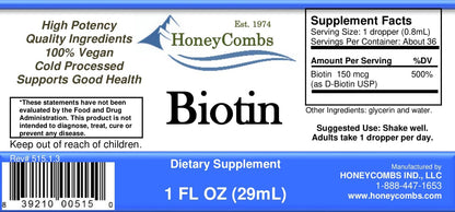 HoneyCombs B7 Drops - 500% DV Biotin Liquid Food Supplement for Hair, Skin & Nails
