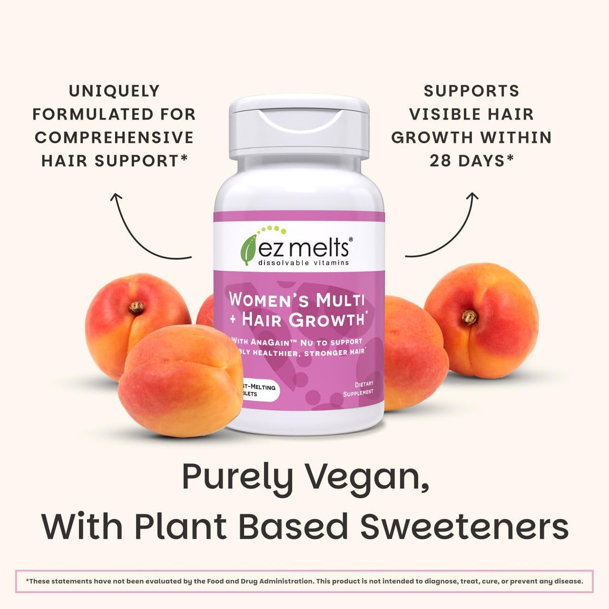 EZ Melts Women's Multi + Hair Growth – Daily Multivitamin with Methylated B Vitamins, Iron-Free, Non-GM & Vegan – Peach – 60 Dissolvable Tablets (30 Servings) - görsel 6