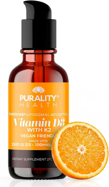 PURALITY HEALTH Vitamin D3 with K2 Liquid Supplement, Vegan, Micelle Liposomal Enhanced Absorption, Non-GMO, 30 Day Supply