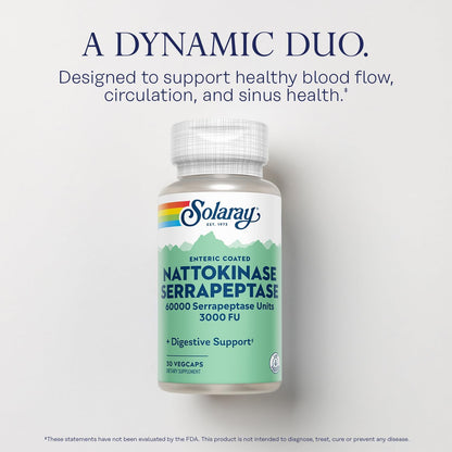 SOLARAY Nattokinase Serrapeptase Supplement - Enteric Coated - 3000 FU Nattokinase - Circulation and Sinus Support - 30 Veg Caps