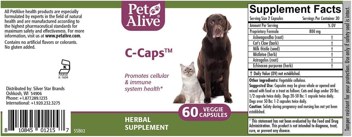 PetAlive C-Caps - All-Natural Herbal Supplement for Dogs and Cats - 60 Vegetable Capsules - görsel 5