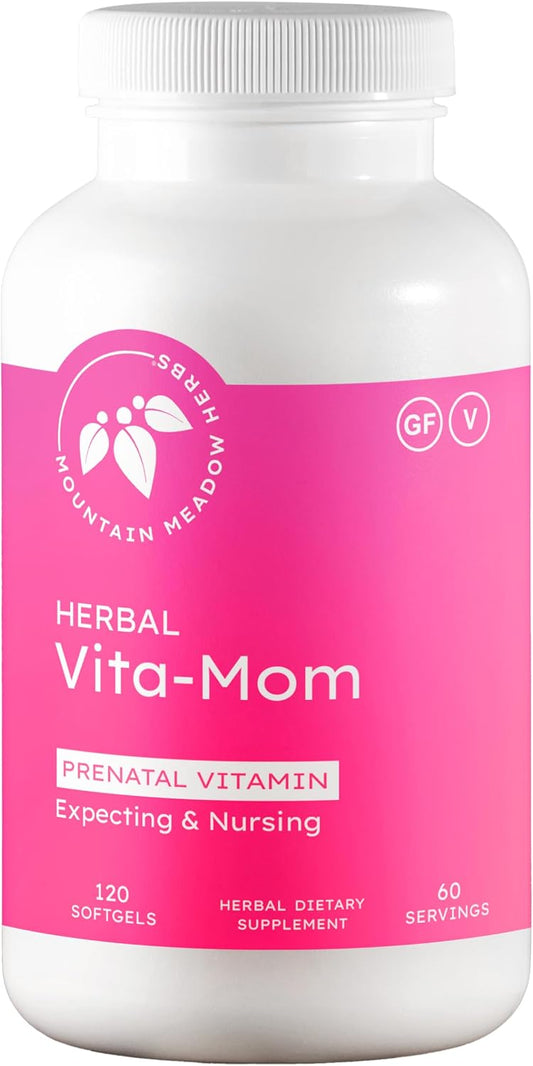Mountain Meadow Herbal Vita-MOM Prenatal Vitamins – Herbal Food Supplement with 5-MTHF Folate, Iron & Organic Herbs – 120 Softgels (2-Month Supply)