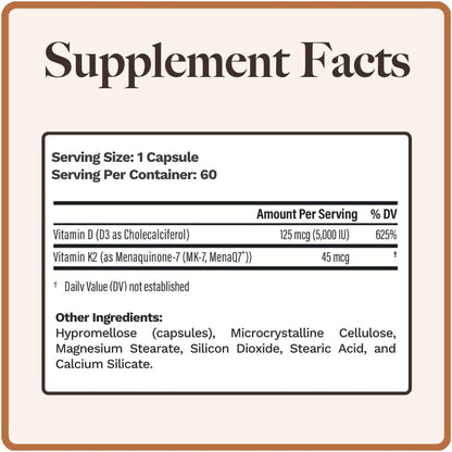 Utzy Naturals Vitamin K2 + D3 | High Strength K2 (MenaQ7) & D3 5000 IU | 60 Capsules