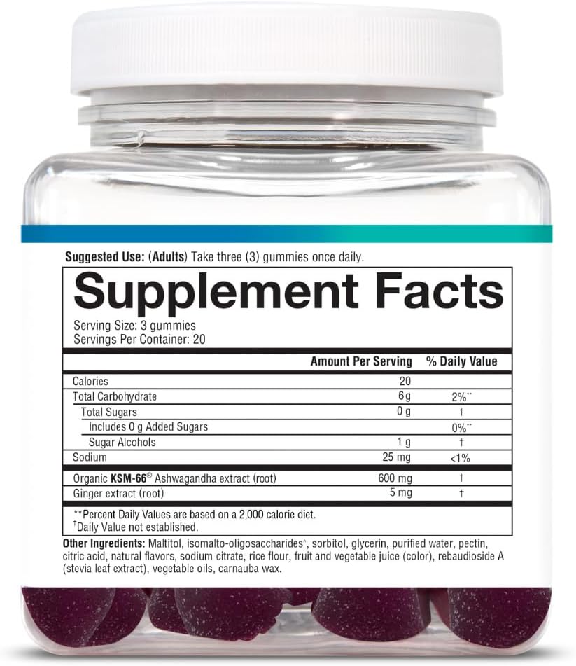 Youtheory Ashwagandha Gummies with Organic KSM-66 Ashwagandha – Sugar Free, Blueberry Flavour, 60 Vegan Gummies - görsel 6