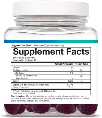 Youtheory Ashwagandha Gummies with Organic KSM-66 Ashwagandha – Sugar Free, Blueberry Flavour, 60 Vegan Gummies