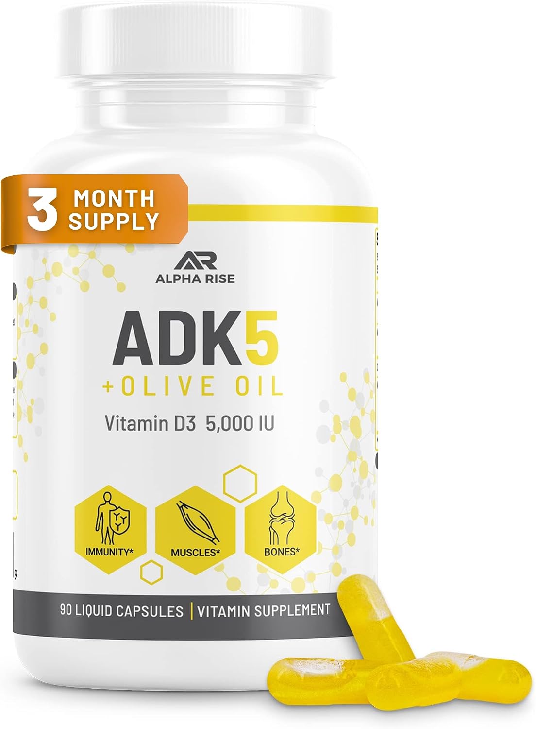 ALPHA RISE ADK Vitamin Supplement - 5000 IU Vitamin D3 + K2 (MK7 & MK4) with Olive Oil - 90 Liquid Capsules - Non-GMO, Vegetarian - görsel 1