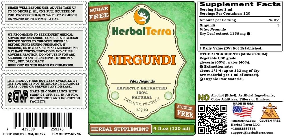 Nirgundi (Vitex Negundo) Dried Leaf Alcohol-Free Liquid Extract - HerbalTerra (4x120 ml) - görsel 2