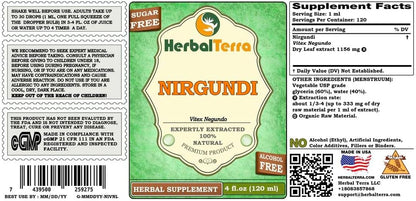 Nirgundi (Vitex Negundo) Dried Leaf Alcohol-Free Liquid Extract - HerbalTerra (4x120 ml)