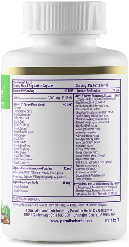 Paradise Herbs Earth's Blend Biotin Supplement, Hair, Skin & Nails, Whole Body Health, Vegan, Non-GMO, 90 Vegetarian Capsules