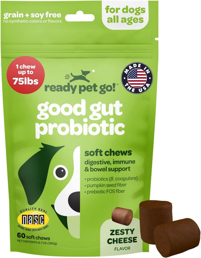 Ready Pet Go! Probiotic Chews for Dogs' Gut Health - Prebiotics and Digestive Enzymes, NASC Certified, 60 Chews