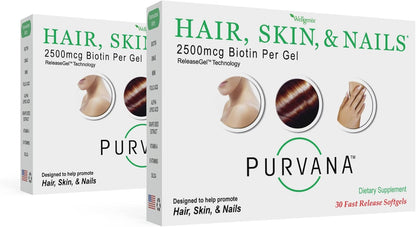 Wellgenix Purvana Hair, Skin and Nails Supplement - 2500mcg Biotin Softgels with MSM & B-Complex (60 Softgels, 2-Pack)
