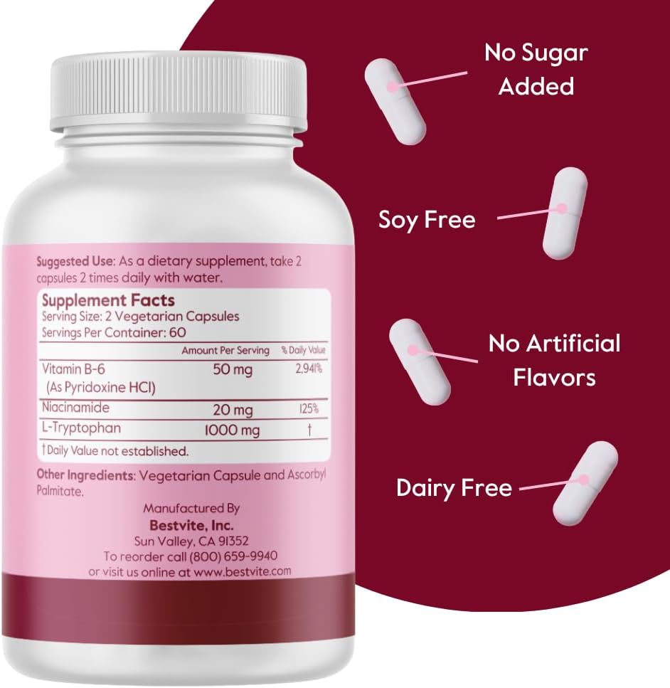 BESTVITE Ultra L-Tryptophan 500mg with B3 & B6 - 120 Vegetarian Capsules - görsel 3