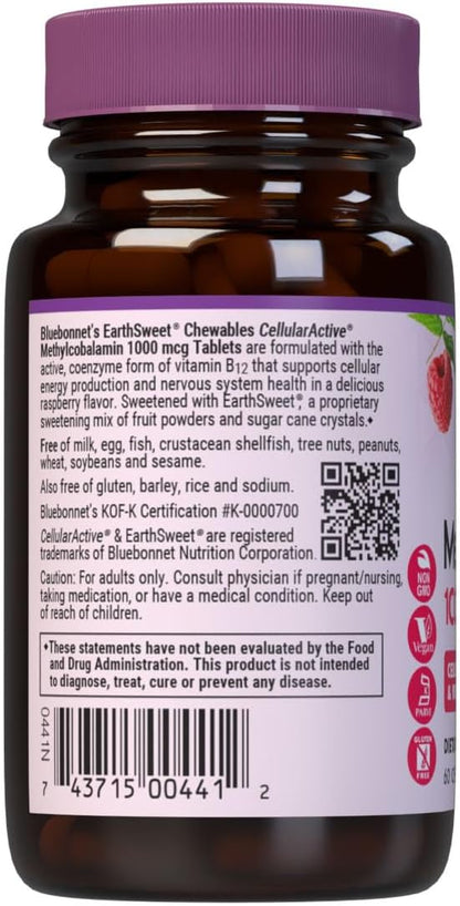 EarthSweet Methylcobalamin 1000 mcg Chewable Tablets - Raspberry Flavour - 60 Count