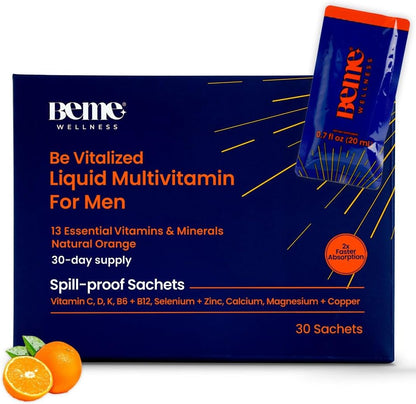 BeMe Liquid Multivitamins for Men - 13 Vitamins & Minerals, Liquid Delivery, Tear & Go Sachets, Orange Flavour (30 Sachets)