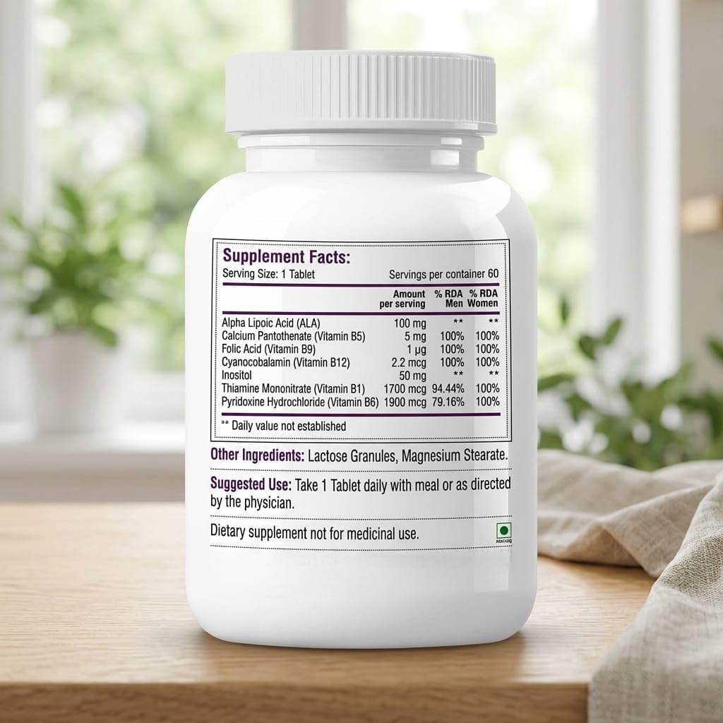 Vitamin B12 with B1, B5, B6, B9 (Folic Acid), Alpha Lipoic Acid ALA & Inositol Food Supplement – Energy Support & Antioxidant – 60 Tablets - görsel 2