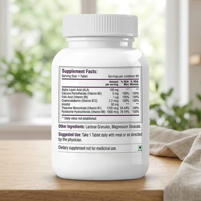 Vitamin B12 with B1, B5, B6, B9 (Folic Acid), Alpha Lipoic Acid ALA & Inositol Food Supplement – Energy Support & Antioxidant – 60 Tablets