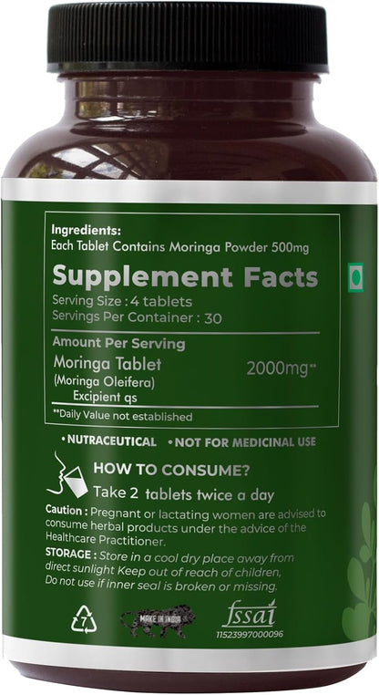 SAPTAMVEDA Natural Moringa Tablets - Organic Drumstick Leaf Food Supplement (120 Tablets)