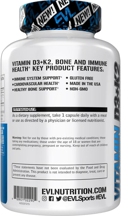 Evlution Nutrition Vitamin D3 & K2 Supplement – 5000IU D3 with 90mcg MK7, 60 Veggie Capsules