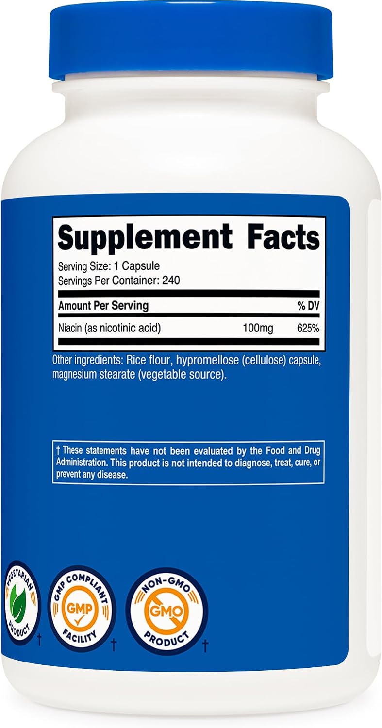 Nutricost Niacin (Vitamin B3) 100mg, 240 Capsules – Immediate Release with Flushing, Non-GMO, Gluten-free - görsel 5