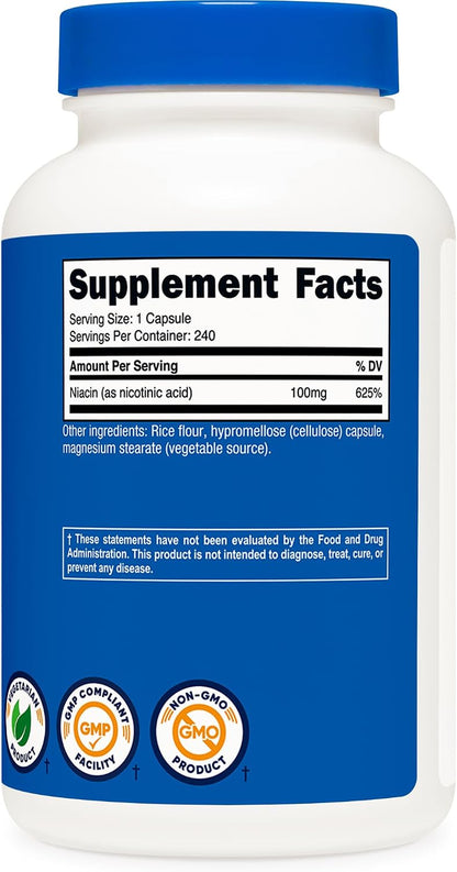 Nutricost Niacin (Vitamin B3) 100mg, 240 Capsules – Immediate Release with Flushing, Non-GMO, Gluten-free