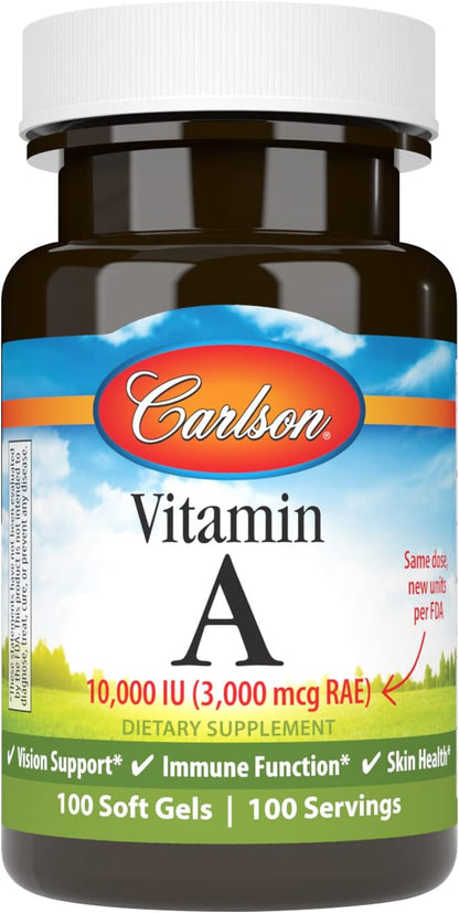 Carlson Vitamin A 10000 IU (3000 mcg RAE) - Vision & Skin Health Supplement