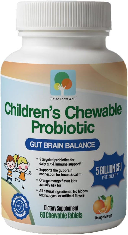 Raise Them Well Children’s Probiotic – Chewable Gut Health Tablets for Kids, Orange Mango, 60 Servings